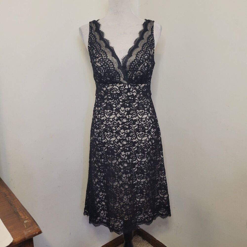 White House Black Market Black Lace Dress Women Size 4 Sleeveless Side Zip Midi